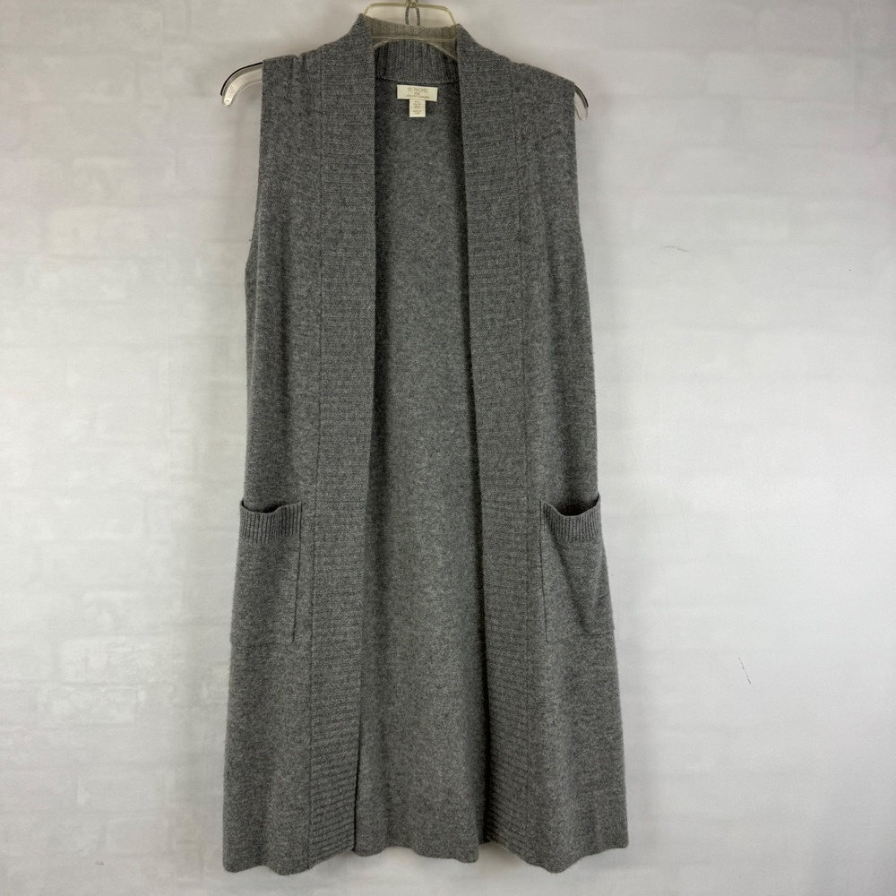 St. Tropez West 100% Cashmere Long Open Front Vest Gray Size S